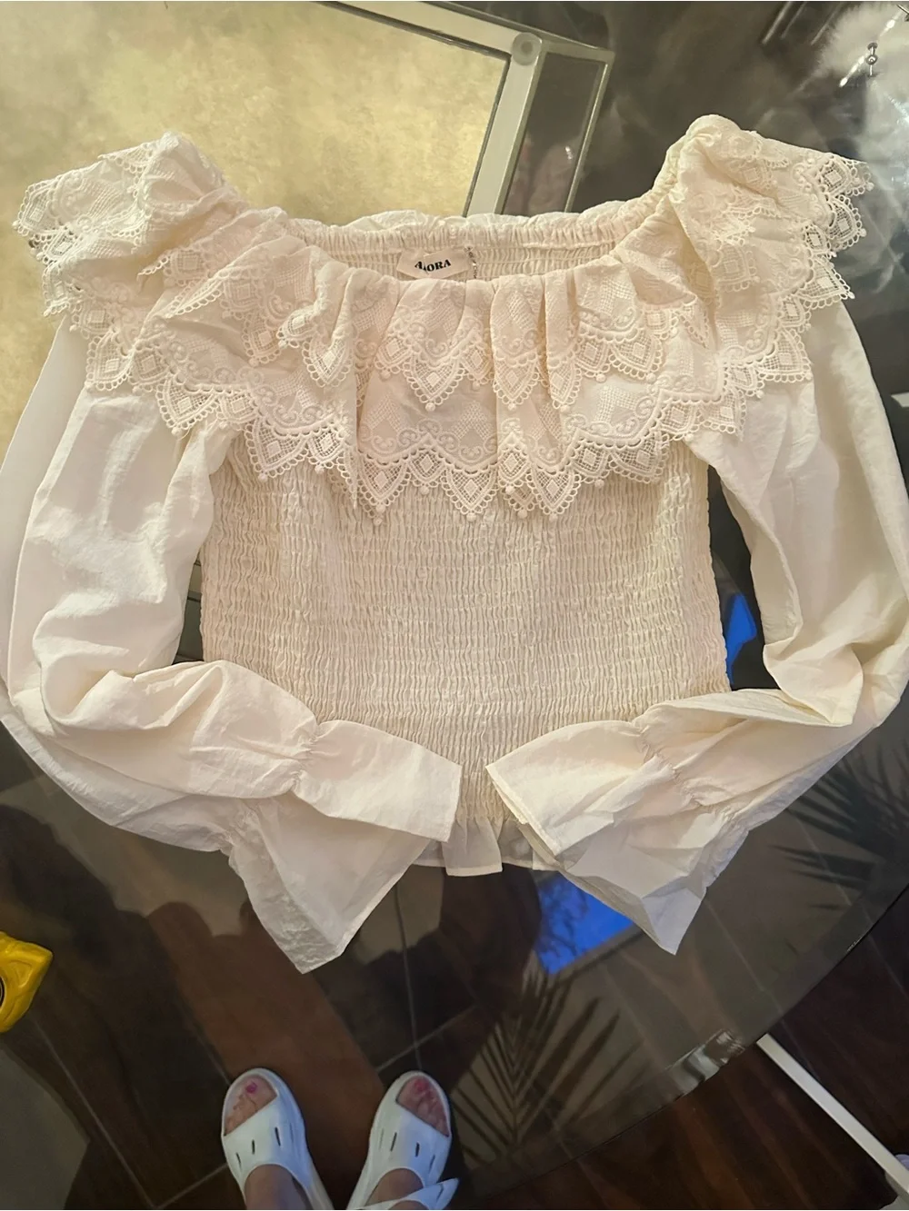 NEW ANTHROPOLOGY for ADORA Women's Cream Lace Ruffle Off-Shoulder Top Blouse Lg